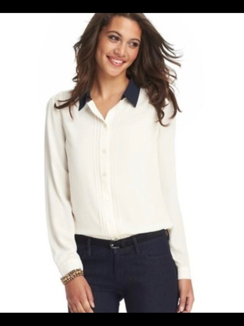 LOFT Cream Button-Down Blouse with Navy Contrast Collar